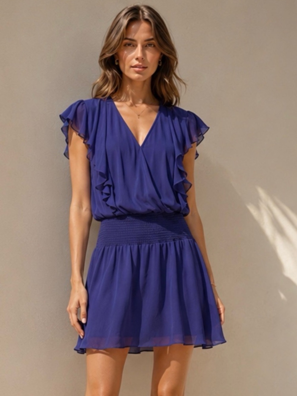 Parker 100% Silk Blue Ruffle Flutter Sleeve Mini Dress Designer Luxury